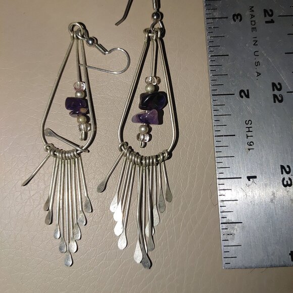 Long Vintage Silver Dangle Earrings Purple  Amethyst  Pearl Beads Fringe - Picture 4 of 9